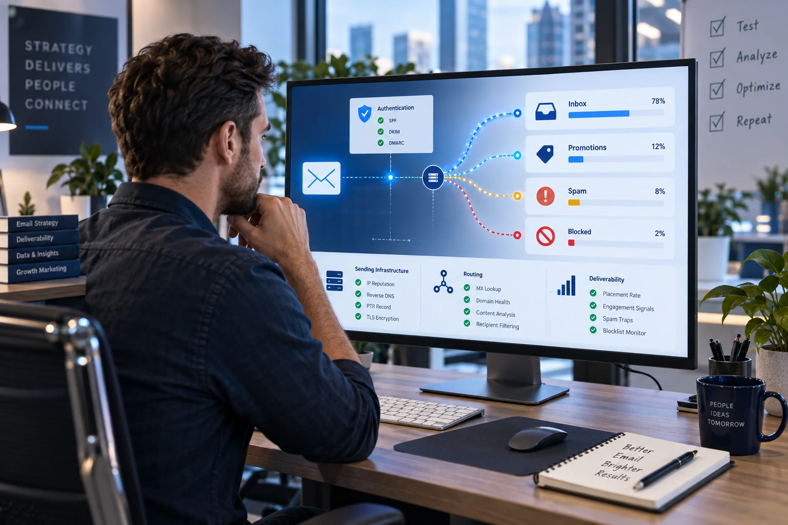 Email operations specialist reviewing inbox placement, authentication, spam, and blocked delivery results