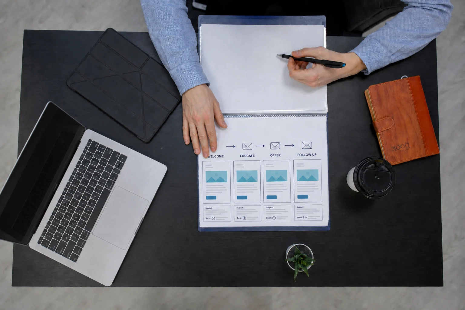 Marketer reviewing a four-email sequence labelled welcome, educate, offer, and follow-up at an office desk