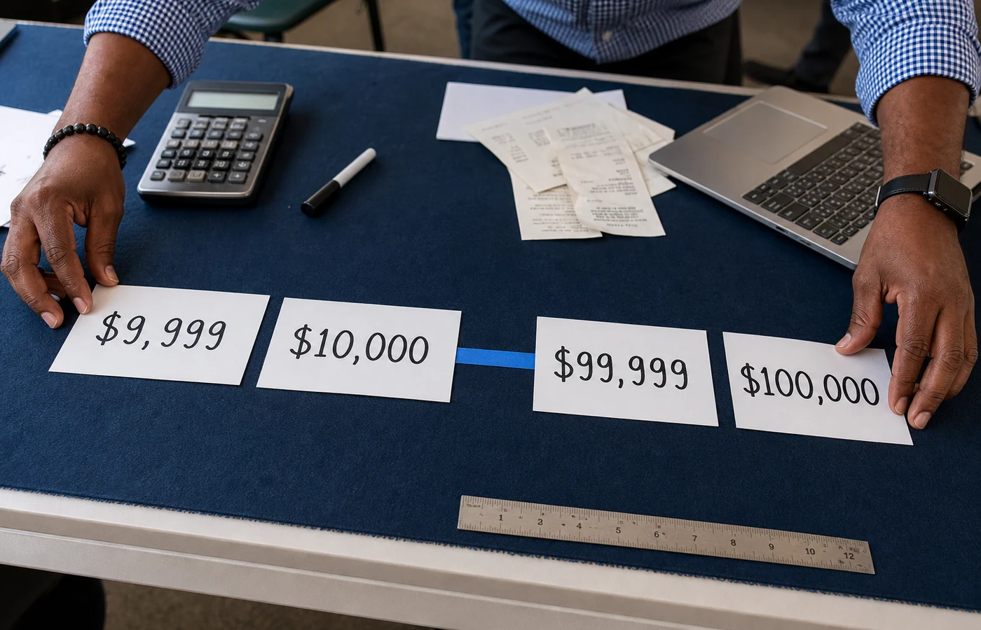 Financial educator arranging cards showing the boundaries between four, five and six figures