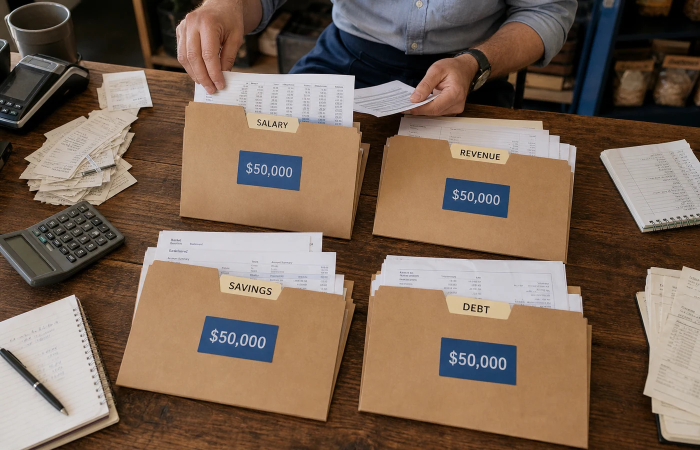 Business owner sorting the same $50,000 amount into salary, revenue, savings and debt folders