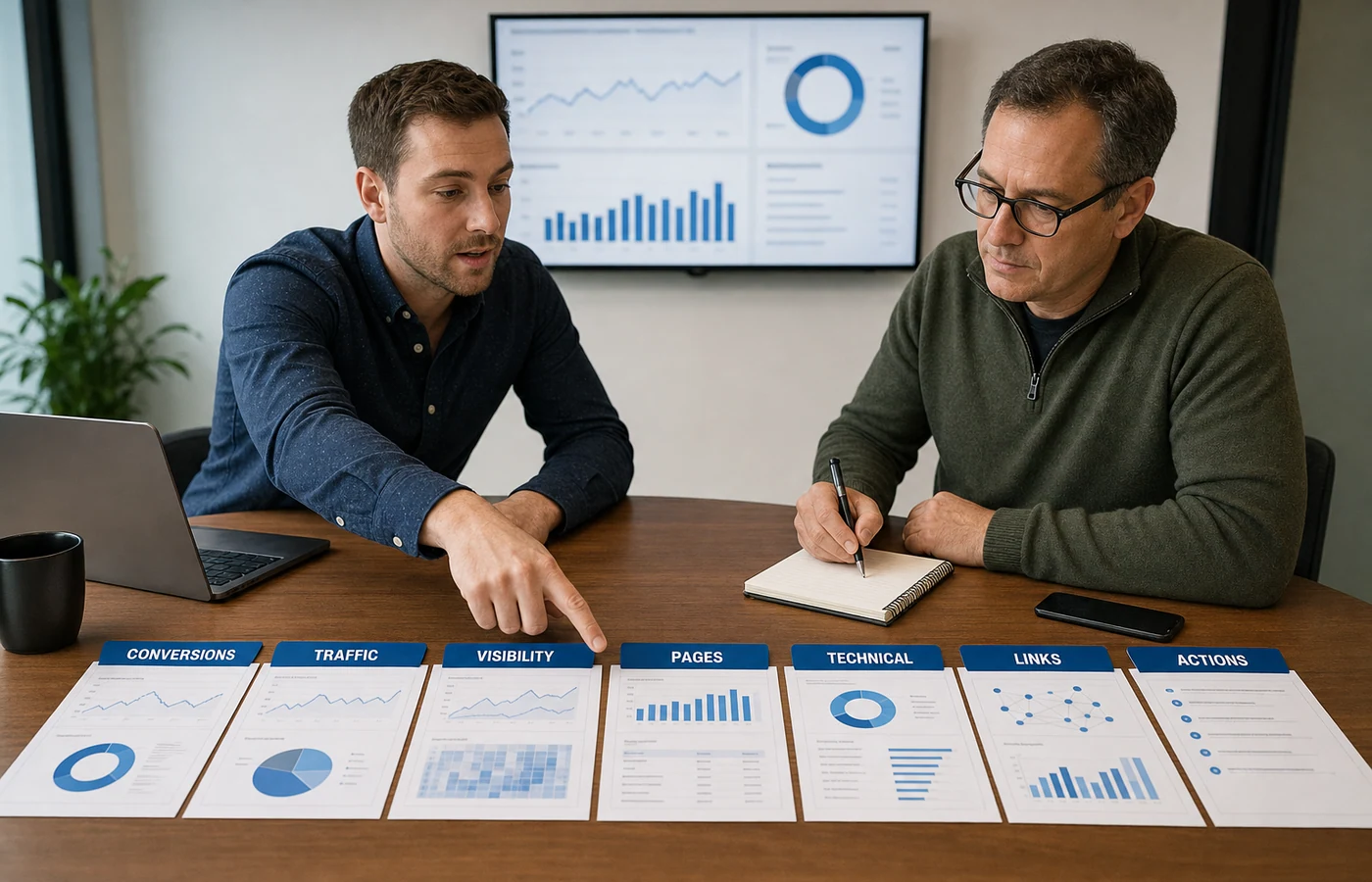 SEO analyst reviewing conversions, traffic, visibility and technical report sections with a client