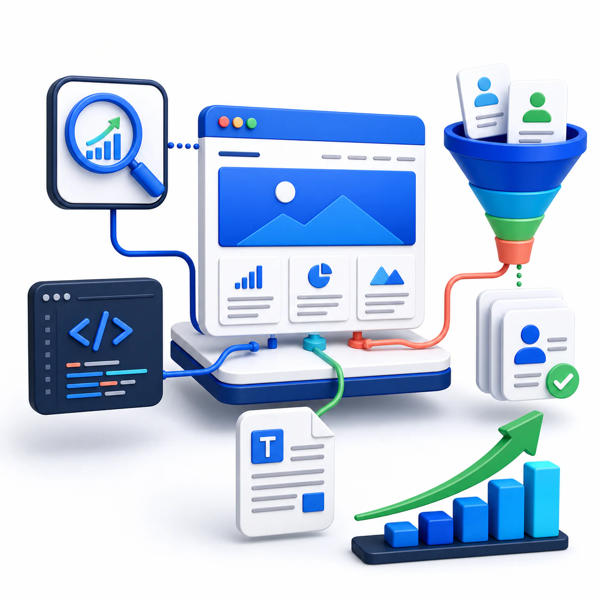 Connected digital growth system combining SEO, web development, content, and lead generation